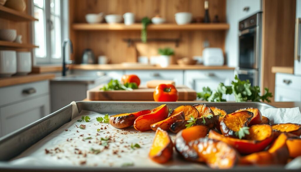 A cozy, bright kitchen with warm wooden textures and light blue accents. In the foreground, a baking sheet with golden roasted red peppers and tender sweet potato wedges, their vibrant colors and caramelized edges glistening under natural light. The aromas of garlic, herbs, and roasted vegetables fill the air, creating a welcoming, Mediterranean-inspired atmosphere. In the middle ground, a cutting board with fresh herbs, olive oil, and a sprinkle of spices, ready to elevate the simple yet flavorful dish. The background features minimal, clean-lined shelves and cabinets, allowing the delicious meal to take center stage.