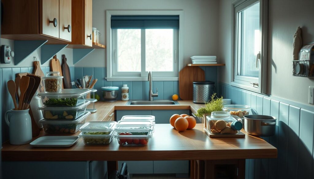 A cozy dorm kitchen with wooden countertops, light blue accents, and a minimal aesthetic. On the counter, an array of meal prep containers, fresh produce, and a few simple cooking tools. The soft, natural lighting filtering in through a nearby window creates a warm, inviting atmosphere. The scene captures the challenge and creativity of meal prepping in a limited space, showcasing practical solutions for college students seeking healthy, dorm-friendly meals.