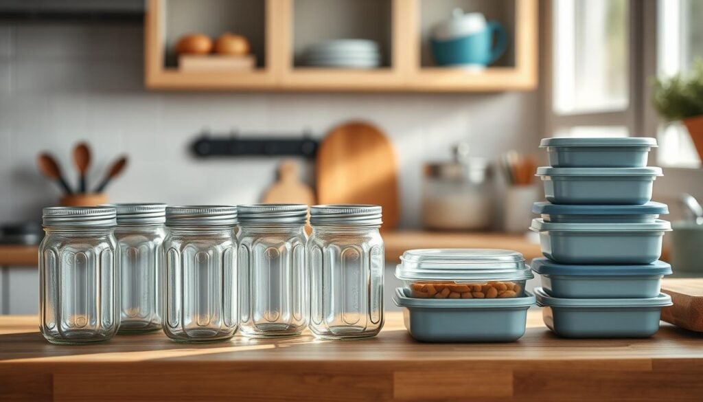A cozy kitchen bathed in soft, natural light. On the counter, an assortment of mason jars and airtight containers in muted tones of blue and gray. The containers are neatly arranged, their lids sealed tight, ready to be filled with nutritious homemade meals. The wooden surfaces provide a warm, rustic backdrop, complemented by subtle blue accents. The scene exudes a sense of organization and efficiency, perfectly capturing the essence of meal prep for busy office mornings.
