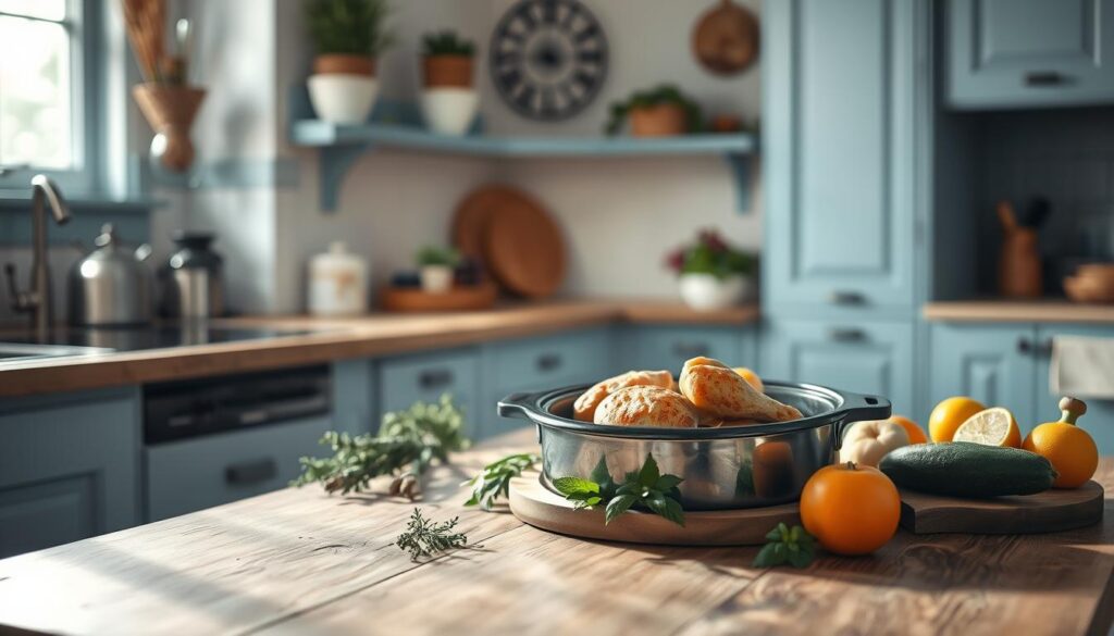 A cozy kitchen bathed in warm, natural light illuminates a rustic wooden table. On the table, a slow cooker gently simmers, filling the air with the enticing aroma of tender, juicy chicken. Aromatic herbs, fresh vegetables, and hints of citrus surround the slow cooker, promising a delightful and nourishing meal. The light blue accents on the kitchen cabinets and wall decor create a serene, inviting atmosphere, perfect for crafting quick and easy slow cooker chicken recipes.