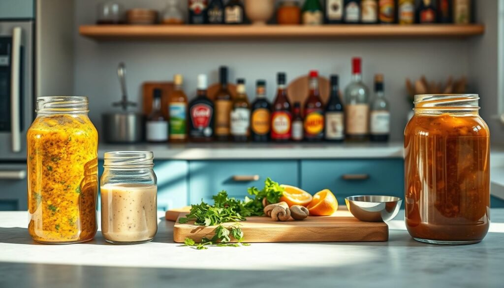 A cozy kitchen bathed in warm, natural light showcases an array of versatile sauce ideas. In the foreground, glass jars filled with vibrant, homemade sauces - tangy chimichurri, creamy garlic tahini, and savory mushroom gravy - stand ready to elevate any dish. On the middle countertop, a cutting board displays freshly chopped herbs, spices, and citrus, hinting at the endless flavor combinations. In the background, wooden shelves hold an assortment of specialty oils, vinegars, and condiments, suggesting the potential for endless culinary creativity. The minimal, light blue accents lend a sense of calm and focus, inviting the viewer to imagine the endless possibilities for transforming simple leftovers into delicious, low-calorie office meals.