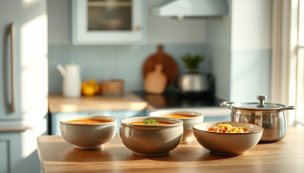 A cozy kitchen bathed in warm, natural light. On the countertop, a selection of hearty soups simmers gently in ceramic bowls - rich tomato bisque, creamy mushroom, and a comforting chicken noodle. The kitchen has a minimalist aesthetic, with light blue accents and smooth wooden textures. The scene exudes a sense of homey nourishment, perfect for meal prepping and satisfying cravings on a chilly day.