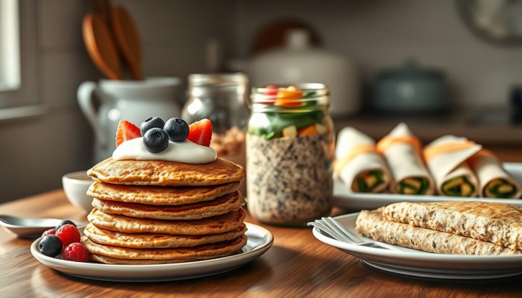 A cozy kitchen counter with a variety of freezer-friendly breakfast dishes arranged artfully. In the foreground, a stack of fluffy oatmeal pancakes with a dollop of yogurt and fresh berries. In the middle ground, mason jars filled with overnight oats with chia seeds and diced fruits. In the background, a tray of individually wrapped breakfast burritos with scrambled eggs, spinach, and shredded cheese. The lighting is soft and natural, casting a warm glow on the wooden textures and light blue accents. The overall mood is inviting and appetizing, showcasing the convenience and nutrition of these low-sugar freezer-friendly breakfast recipes.