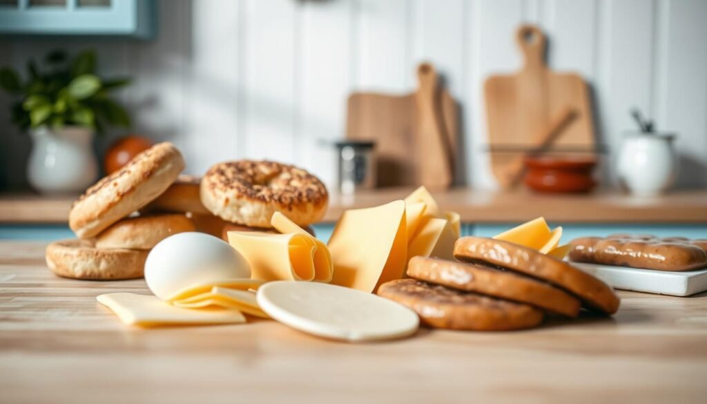 A cozy kitchen countertop with a wooden surface and light blue accents. In the foreground, a variety of fresh ingredients are neatly arranged - English muffins, eggs, cheese slices, and breakfast sausage patties. Behind them, a clean white background with subtle shadows creates a simple, minimalist atmosphere. The lighting is soft and natural, highlighting the textures and colors of the ingredients. The overall scene conveys a sense of organization and efficiency, reflecting the 