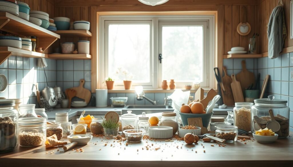 A cozy kitchen filled with a myriad of leftovers - abandoned transformation ideas waiting to be revived. Wooden textures and light blue accents create a soothing atmosphere as sun filters through a window, casting a warm glow. Mismatched containers, partially used ingredients, and creative culinary possibilities lie scattered across the countertop, hinting at the versatility and efficiency that can be unlocked from these overlooked treasures. The scene invites the viewer to imagine the delectable meals that can emerge from this unassuming array of culinary potential.