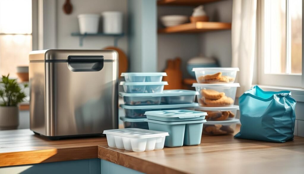 A cozy kitchen filled with a variety of modular freezer components: a stainless steel freezer chest, a set of stackable plastic containers, a silicone ice cube tray, and a reusable food storage bag. The components are arranged neatly on a wooden countertop with light blue accents. Warm, natural lighting illuminates the scene, casting soft shadows and highlighting the textures of the materials. The overall atmosphere is one of organization, simplicity, and culinary inspiration, setting the stage for creative meal prep.