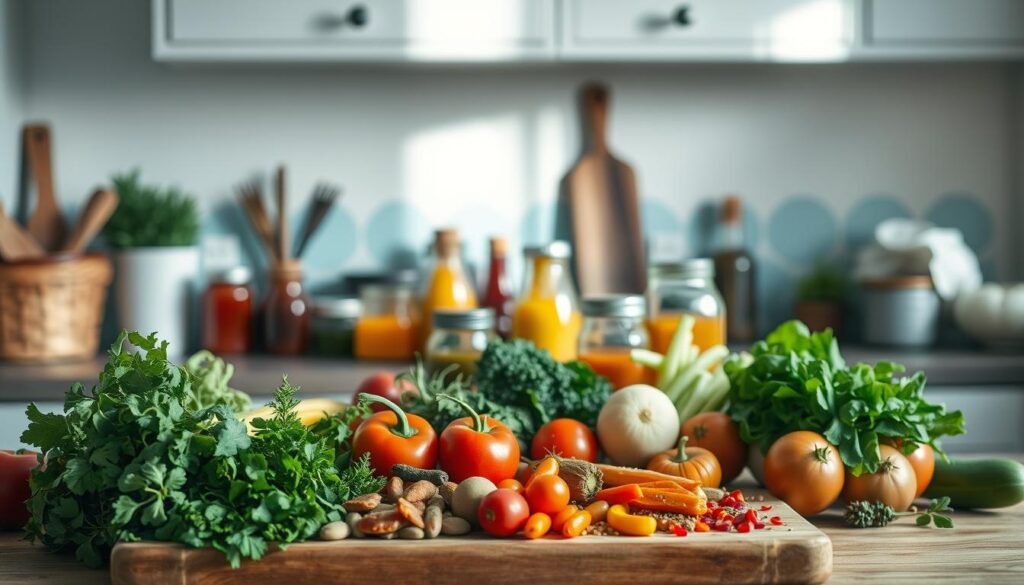 A cozy kitchen filled with creative leftover ideas. In the foreground, an assortment of colorful vegetables, herbs, and spices artfully arranged on a wooden cutting board. In the middle ground, a mix of repurposed jars and containers hold various sauces, condiments, and marinades. The background features a clean, minimalist aesthetic with light blue accents, hinting at the endless possibilities for transforming leftovers into new, delicious dishes. Soft, natural lighting floods the scene, casting a warm, inviting glow. The composition evokes a sense of culinary experimentation and inspiration, perfectly capturing the essence of 