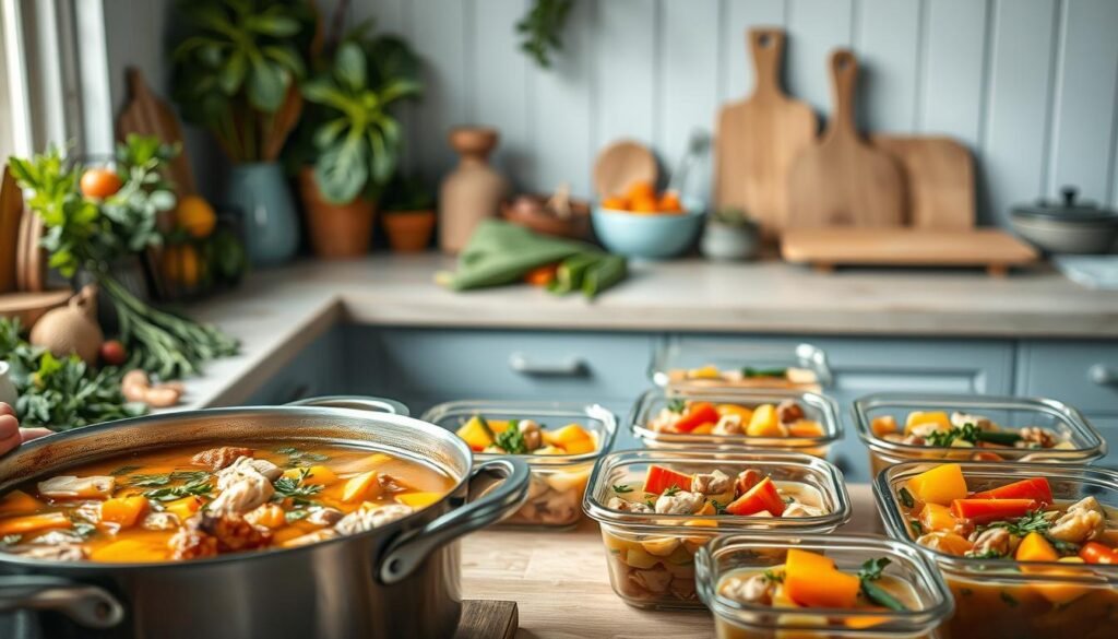 A cozy kitchen filled with the aroma of hearty soups and stews, the countertops adorned with an array of fresh vegetables, herbs, and spices. In the foreground, a large pot simmers, its contents a rich, savory broth, chunks of tender meat, and vibrant root vegetables. Artfully arranged in the middle ground, individual servings of these comforting dishes are packaged in glass containers, ready for meal prep. The background reveals a minimalist aesthetic, with light blue accents and warm wooden textures, creating a calming and inviting atmosphere. The lighting is soft and diffused, emphasizing the cozy and nourishing nature of this meal prep scene.
