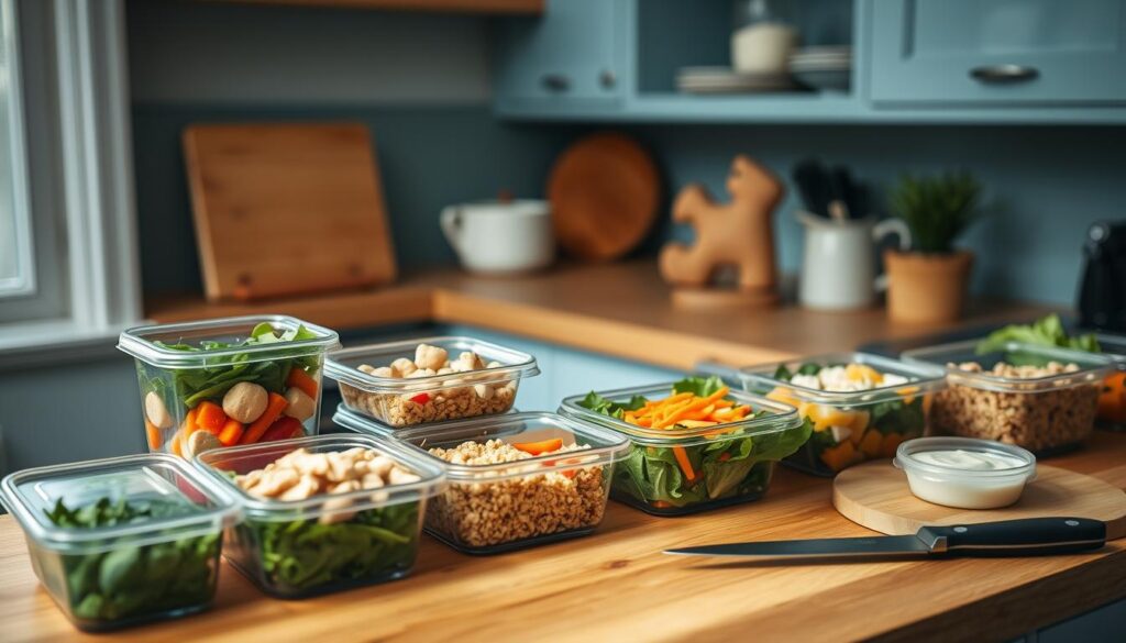 A cozy kitchen in soft light, wooden countertops and shelves with light blue accents. On the counter, a variety of meal prep containers filled with fresh, healthy ingredients - leafy greens, chopped vegetables, grilled chicken, quinoa, and portioned servings of dips and sauces. A cutting board with a sharp knife rests nearby, hinting at the careful preparation to come. The overall atmosphere is one of organized efficiency and thoughtful nutrition, inviting the viewer to imagine the nourishing cold lunches that will result from this mindful meal prep session.
