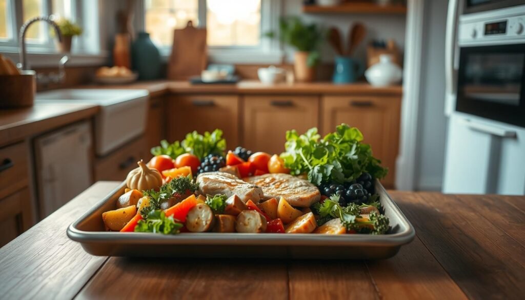 A cozy kitchen interior with a sheet pan in the foreground, filled with an assortment of fresh vegetables, herbs, and protein. Warm, natural lighting filters through the windows, casting a gentle glow on the minimal, wooden surfaces. The scene exudes a sense of simplicity and culinary mastery, highlighting the ease and efficiency of one-pan meal preparation. Subtle blue accents in the decor complement the earthy tones, creating a harmonious, inviting atmosphere. The composition emphasizes the core ingredients and tools, conveying the essence of 
