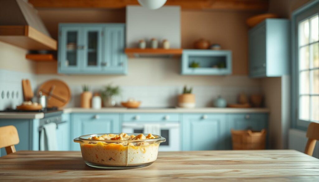 A cozy kitchen interior with a warm, rustic atmosphere. In the foreground, a comforting casserole dish sits on a wooden table, steam gently rising from the creamy, savory contents. The middle ground features a minimal, clean design with light blue accents on the cabinets and walls, creating a soothing ambiance. The background is filled with natural light, casting a soft glow over the scene. The casserole represents the benefits of comfort food that is also convenient, a perfect meal for busy weeknights. The overall mood evokes a sense of nourishment, simplicity, and the joy of homemade cooking.