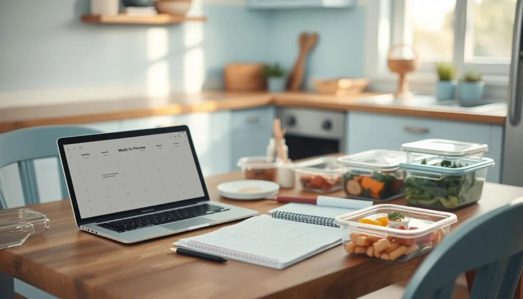 A cozy kitchen interior with a wooden table, light blue accents, and neatly organized meal planning supplies. A laptop open on the table, alongside handwritten notes, a weekly calendar, and various containers filled with fresh ingredients. Soft, warm lighting illuminates the scene, casting a gentle glow over the thoughtfully arranged items. The atmosphere conveys a sense of tranquility and focus, embodying the concept of 
