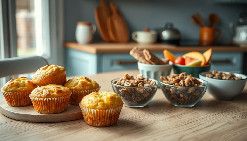A cozy kitchen scene featuring a wooden table with a selection of freshly baked egg muffins, accompanied by an assortment of healthy grab-and-go snacks such as granola bars, trail mix, and fresh fruit. The muffins have a golden-brown exterior and a fluffy, inviting interior. The snacks are arranged neatly in small bowls, creating a visually appealing and appetizing display. The kitchen is filled with soft, natural light, accentuating the wooden textures and light blue accents that create a calming, minimalist atmosphere. No hands are visible, allowing the focus to remain on the delectable food items.