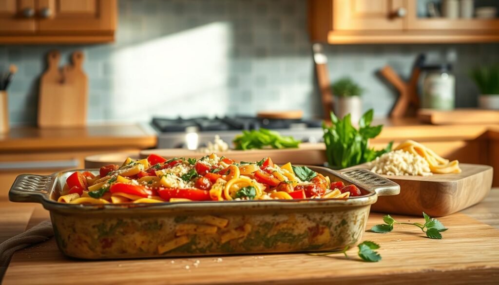 A cozy kitchen scene showcasing an array of creative pasta bake variations. In the foreground, a rustic baking dish filled with layers of colorful vegetables, cheesy sauces, and al dente pasta noodles. Midground, various fresh herbs, spices, and grated cheeses sit atop a wooden cutting board, ready to be sprinkled over the dish. In the background, a minimalist backsplash of light blue tiles complements the wooden cabinetry and countertops, creating a serene, inviting atmosphere. Soft, natural lighting casts a warm glow, highlighting the textures and vibrant colors of the pasta bake. The scene exudes a sense of homemade comfort and culinary creativity.