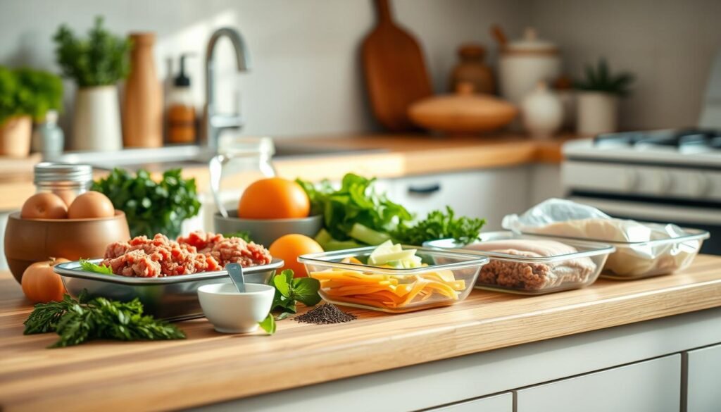 A cozy kitchen scene with a minimalist design showcasing a budget-friendly meal prep setup. On a wooden kitchen counter, an assortment of ground ingredients, such as ground beef, ground turkey, or ground chicken, are neatly arranged alongside fresh vegetables, herbs, and simple seasonings. The lighting is soft and natural, casting a warm glow over the scene. The overall mood is one of practicality and efficiency, capturing the essence of a budget-conscious, healthy meal prep routine.