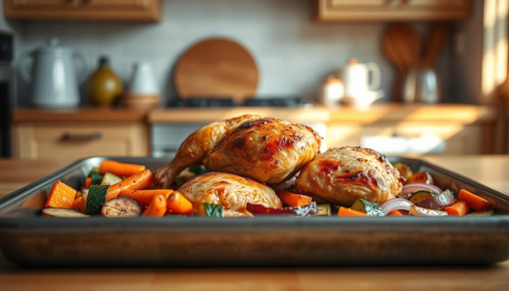 A cozy kitchen scene with a sheet pan filled with golden-brown roasted vegetables and juicy chicken thighs. The vegetables, including carrots, zucchini, and red onions, are arranged in a visually appealing pattern, while the chicken rests atop, its crispy skin glistening. Warm, directional lighting casts soft shadows, highlighting the textures of the roasted fare. The minimal kitchen features wooden surfaces and light blue accents, creating a welcoming, natural atmosphere. The focus is on the delicious and nutritious meal, ready to be served.