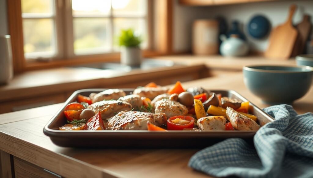 A cozy kitchen scene with a sheet pan full of sizzling chicken thighs, crisp roasted vegetables, and a touch of herbal seasoning. The warm light from a large window casts a soft glow, highlighting the natural wood textures of the countertop and cabinets. Subtle blue accents, like a ceramic bowl and a patterned towel, add a calming ambiance. The arrangement is simple yet inviting, showcasing the delicious ingredients and the easy prep of a classic sheet pan dinner.
