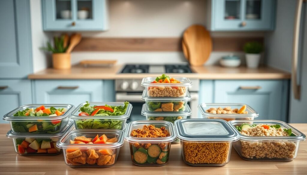 A cozy kitchen with light blue accents and wooden textures sets the scene for a visually appealing spread of meal prep ideas. Neatly arranged containers showcase a variety of healthy, customizable dishes - from colorful salads and protein-packed bowls to hearty grain-based meals. The composition emphasizes the flexibility and efficiency of mix-and-match meal planning, capturing the essence of integrating nutritious recipes into a practical and organized workflow. Soft, natural lighting illuminates the scene, creating a serene and inviting atmosphere that inspires mindful meal prepping for the busy workweek ahead.
