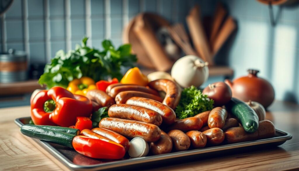 A cozy kitchen with light blue accents and wooden textures showcases an array of fresh, colorful vegetables and plump, juicy sausages on a baking sheet. The sausages are arranged in various sizes and flavors, inviting the viewer to customize their meal. Vibrant bell peppers, zucchini, onions, and other seasonal produce surround the sausages, creating a visually appealing and appetizing arrangement. Soft, directional lighting illuminates the scene, casting gentle shadows and highlighting the textures of the ingredients. The overall mood is one of culinary inspiration and the joy of experimenting with new flavor combinations.