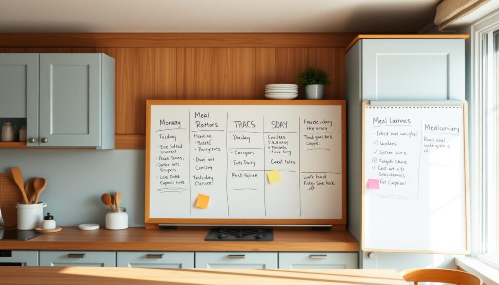A cozy kitchen with light blue accents and wooden textures, showcasing a well-organized meal planning board. In the foreground, a clean, minimalist whiteboard displays a weekly meal rotation, with neat handwritten labels for each day. Colorful sticky notes and a few culinary utensils add a touch of detail. The background is softly lit, creating a warm, inviting atmosphere, free of any human presence, allowing the meal planning process to take center stage.