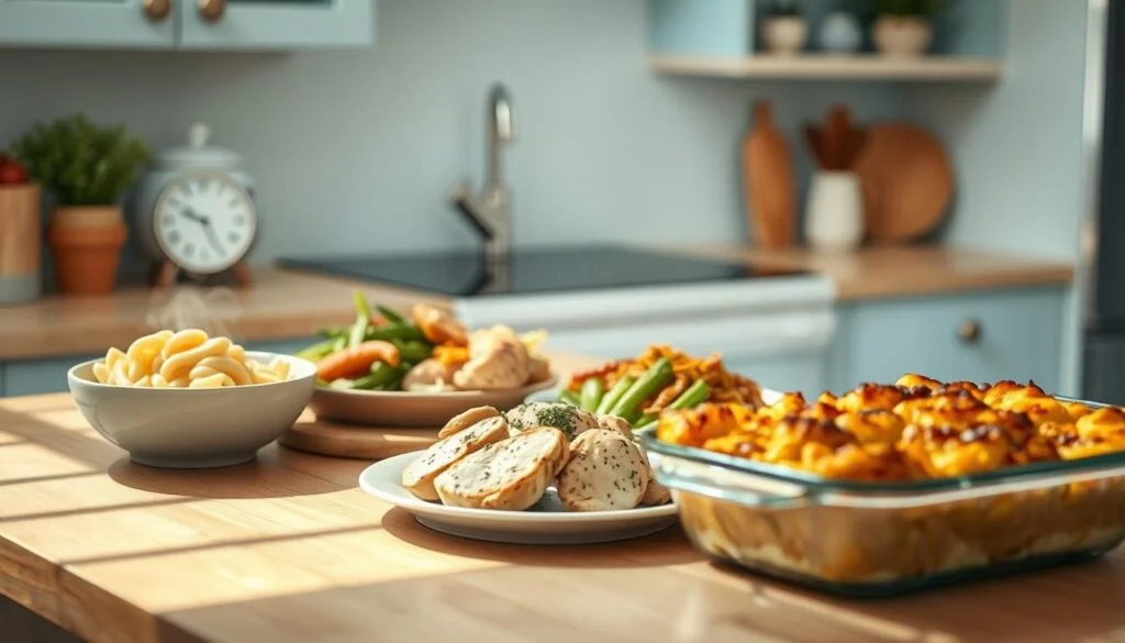 A cozy kitchen with light blue accents and wooden textures. An array of different food types - a steaming bowl of pasta, sizzling chicken, crisp veggies, and a piping hot casserole dish - are artfully arranged on a wooden countertop. Soft, directional lighting illuminates the scene, casting gentle shadows and highlighting the textures of the various dishes. The overall mood is one of warmth, simplicity, and culinary expertise, reflecting the 