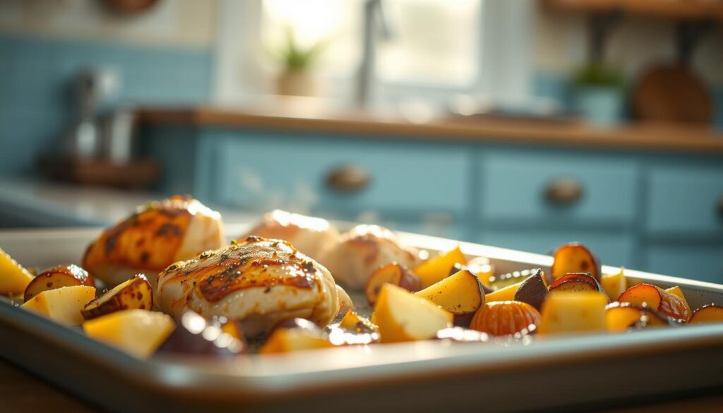 A cozy kitchen with light blue accents and wooden textures. On a sheet pan, juicy chicken thighs are seared, creating a golden-brown crust, while tender vegetables are roasted to perfection, their caramelized edges glistening under the warm, directional lighting. The scene captures the essence of mastering cooking techniques for a flavorful sheet pan meal, with the contrast between the seared and roasted elements highlighting the depth of flavors achieved through these complementary methods.