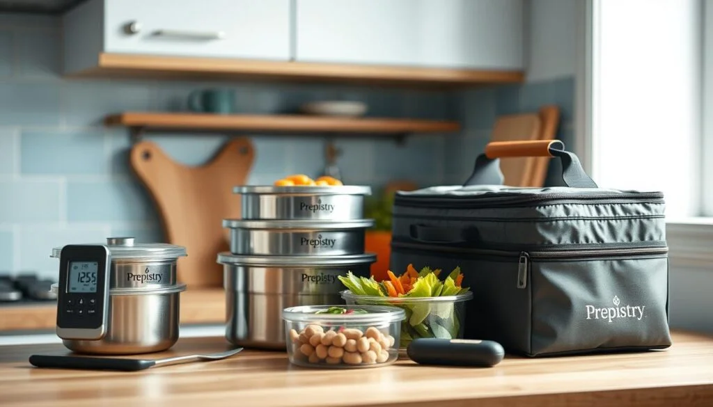 A cozy kitchen with light blue accents and wooden textures. On the counter, a set of sleek stainless steel containers labeled "Prepistry" hold various meal components. Next to them, a digital food thermometer and an insulated food carrier showcase practical temperature control techniques. Soft, diffused lighting illuminates the scene, creating a calming, minimal atmosphere ideal for meal prepping.