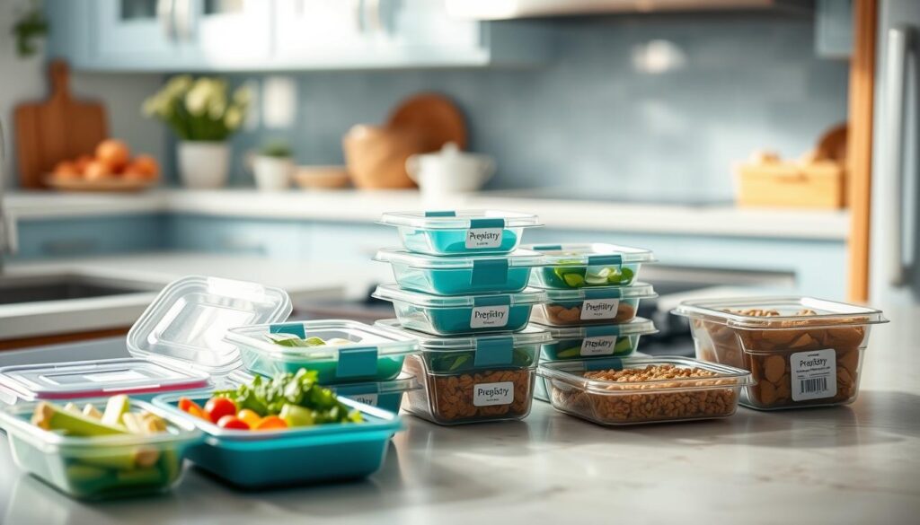A cozy kitchen with light blue accents and wooden textures. On the counter, various allergy-safe meal prep containers from the Prepistry brand are neatly arranged. A variety of fresh vegetables, grains, and lean proteins are visible, representing a balanced, nut-free lunch. The lighting is soft and natural, creating a calming atmosphere. The scene conveys a sense of organization, mindfulness, and a commitment to safe, creative meal planning for those with food allergies.
