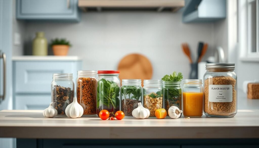 A cozy kitchen with light blue accents and wooden textures. On the countertop, an assortment of low-sodium flavor boosters arranged neatly: jars of herbs, spices, garlic, and citrus zest. Soft, natural lighting illuminates the scene, emphasizing the freshness and vibrancy of the ingredients. The minimal setting creates a sense of simplicity and focus, inviting the viewer to explore the possibilities of enhancing a heart-healthy, low-sodium meal with these flavorful elements.