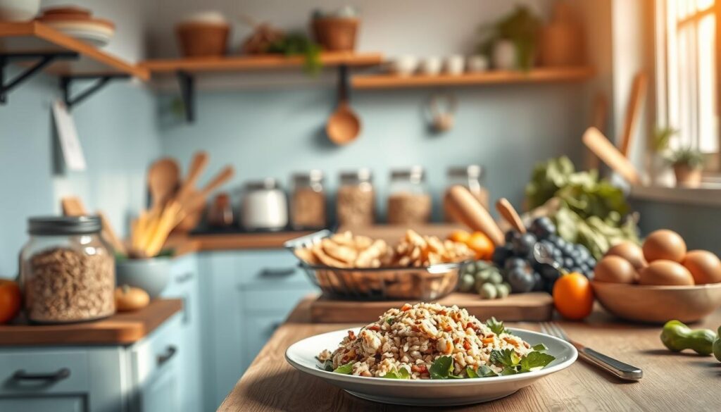 A cozy kitchen with light blue accents showcases a selection of dietary-friendly meal adaptations. On the wooden countertop, a variety of fresh produce, grains, and plant-based proteins come together in a harmonious arrangement. Warm, natural lighting filters through the window, casting a soft glow on the scene. In the foreground, a balanced meal plate highlights the versatility of these specialized dietary options, while the middle ground features neatly organized jars and containers, hinting at the meal prep process. The background maintains a minimal, uncluttered atmosphere, allowing the focus to remain on the nutritious and visually appealing meal adaptations.