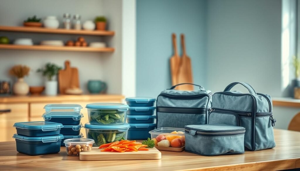 A cozy kitchen with soft blue accents and warm wooden textures. In the foreground, a variety of airtight containers, lunchboxes, and insulated bags sit neatly arranged, showcasing their ability to keep meals fresh and prevent sogginess. The middle ground features a cutting board with freshly prepared ingredients, while the background depicts a minimal, well-lit space with subtle hints of organization and efficiency. The overall atmosphere conveys a sense of preparedness and attention to detail, inspiring the viewer to plan and pack their cold lunches with care and style.