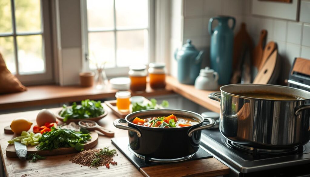 A cozy kitchen with soft light filtering through large windows, filled with the comforting aroma of hearty soups and stews simmering on the stove. On the wooden countertop, an array of freshly chopped vegetables, herbs, and spices, ready to be incorporated into the nourishing dishes. In the foreground, a large dutch oven and a heavy-bottomed pot, their contents gently bubbling, thickening into rich, flavorful meals. The middle ground showcases jars of homemade broths and stock, while the background features minimal decor - a few blue-toned ceramic pieces adding pops of color to the serene scene. This cozy, inviting kitchen invites you to linger, savor the flavors, and revel in the restorative power of these slow-cooked, soul-warming dishes.