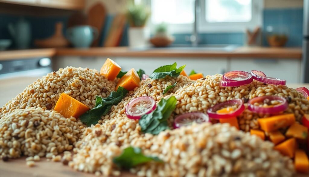 A cozy kitchen with warm wooden textures and light blue accents sets the scene for a display of seasonal grain meals. In the foreground, a variety of hearty grains - quinoa, farro, and freekeh - are artfully arranged, each with its own distinct texture and flavor. Scattered amidst the grains are vibrant seasonal produce, such as roasted butternut squash, sautéed kale, and pickled red onions, adding pops of color and freshness. The lighting is soft and natural, casting a gentle glow over the ensemble, evoking a sense of homemade comfort. The overall mood is one of mindful simplicity, showcasing the versatility and seasonal variations of grain-based meals.