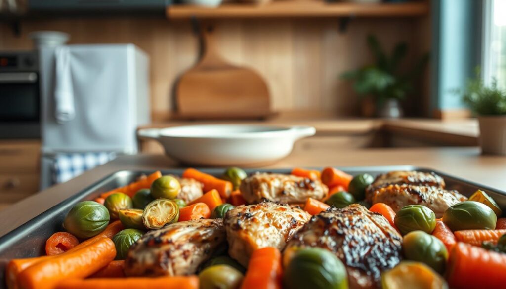 A cozy kitchen with warm wooden textures and light blue accents sets the stage for a mouthwatering one-pan meal. In the foreground, a sheet pan overflows with an array of roasted vegetables - tender Brussels sprouts, vibrant carrots, and succulent chicken thighs, their golden-brown skin glistening under the soft, diffused lighting. The middle ground features a minimalist ceramic dish, its simple, elegant design complementing the dish's rich, flavorful aromas. In the background, a calm, clutter-free space invites the viewer to imagine the satisfying experience of this effortless, wholesome dinner.