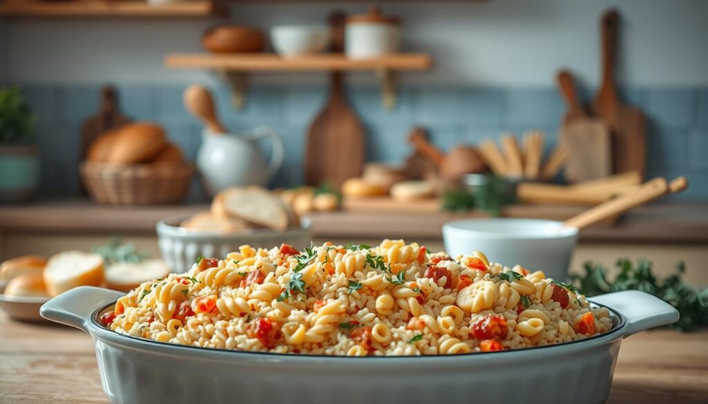 A cozy kitchen with warm wooden textures and light blue accents sets the stage for a culinary showcase. In the foreground, a bountiful casserole dish takes center stage, showcasing the diverse variants of pasta, rice, and bread-based preparations. The middle ground reveals freshly baked breads, aromatic herbs, and an assortment of pasta shapes, inviting the viewer to imagine the flavors and textures. In the background, a minimalist arrangement of cooking utensils and ingredients hints at the thoughtful preparation behind these delectable casserole creations. The lighting is soft and inviting, casting a cozy glow over the scene, capturing the essence of a nourishing and comforting meal.