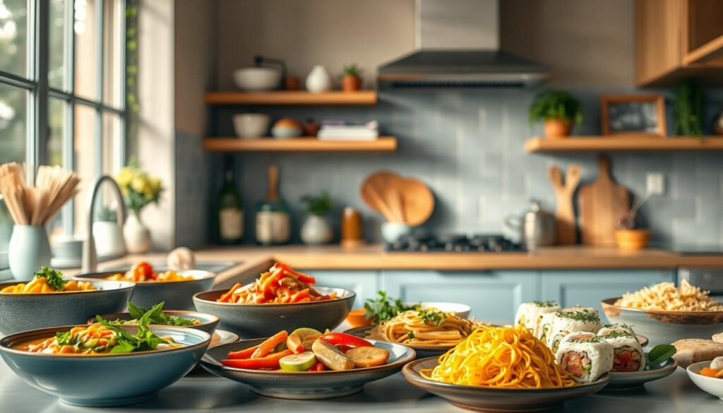 A cozy kitchen with warm wooden textures and light blue accents sets the stage for a vibrant display of global Asian fusion trends. In the foreground, an array of freshly prepared dishes showcases bold flavors and diverse ingredients - from fragrant curries and stir-fried vegetables to delicate sushi rolls and fragrant rice dishes. The middle ground features a mix of traditional and modern cooking tools, along with vibrant spices and herbs, creating a sense of authentic Asian culinary artistry. In the background, a minimalist design aesthetic with clean lines and natural light enhances the overall atmosphere of the scene, inviting the viewer to imagine themselves immersed in the flavors and traditions of this global culinary melting pot.