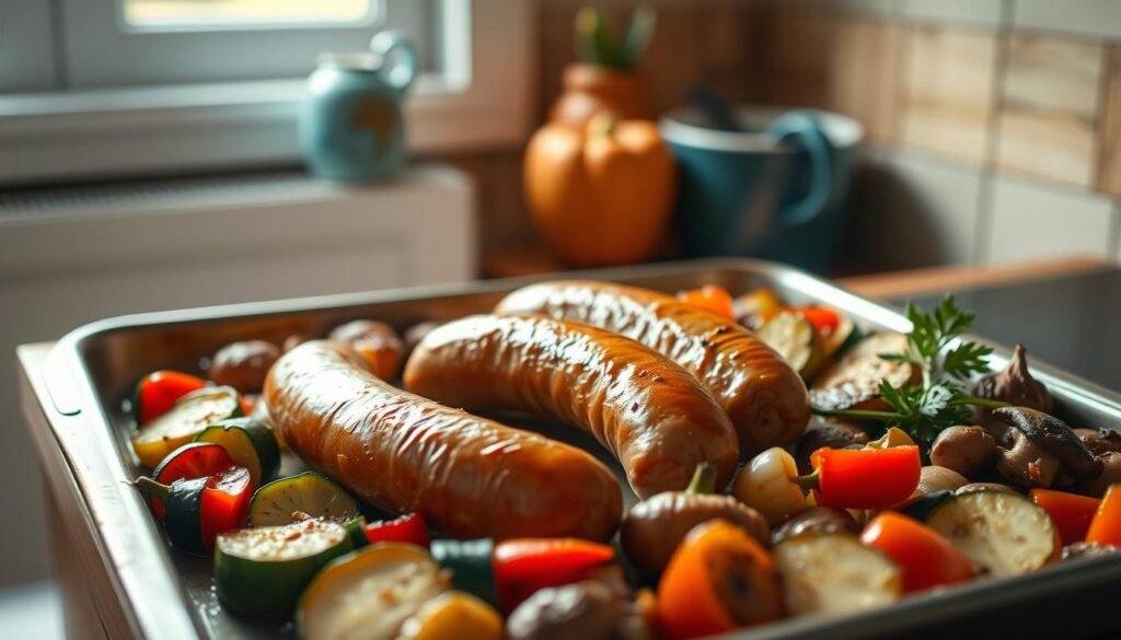 A cozy kitchen with warm wooden textures and light blue accents showcases a baking sheet filled with juicy Italian sausages, vibrant bell peppers, and a medley of roasted vegetables. The sausages sizzle under the soft, natural lighting, their golden-brown exteriors beckoning to be sliced into. Tender zucchini, onions, and mushrooms surround the sausages, creating a harmonious blend of flavors. The scene conveys the ease and simplicity of the sheet pan dinner technique, inviting the viewer to imagine the delicious aroma and satisfying texture of this perfectly executed meal.