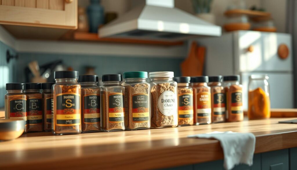 A cozy kitchen with warm wooden textures and light blue accents showcases an array of spice jars, each one a unique flavor profile. The spices are neatly arranged, their labels clearly visible, inviting the viewer to explore the diverse and cost-effective selection. The scene is bathed in soft, natural lighting, highlighting the rich hues and textures of the spices. The overall atmosphere conveys a sense of thoughtful, practical organization, perfect for the "Balancing Flavor, Price, and Prep Time" section of the article.