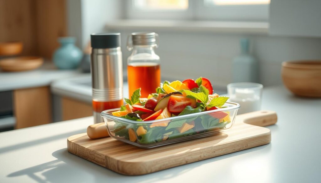 A cozy kitchen with warm wooden textures and light blue accents showcases an artful arrangement of healthy cold lunch items. A glass container filled with a colorful salad, a thermos of freshly brewed tea, and a reusable water bottle sit atop a wooden cutting board. Soft natural lighting filters through a nearby window, creating a serene, minimalist atmosphere. The overall scene conveys a sense of intentionality and care in packing a nourishing, eco-friendly cold lunch.