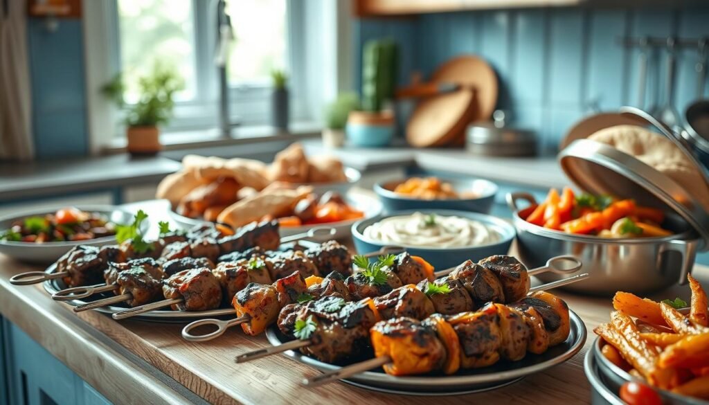 A cozy kitchen with warm wooden textures and light blue accents, showcasing a vibrant spread of Middle Eastern meat and vegetarian dishes. In the foreground, sizzling lamb kebabs and fragrant vegetable tagines, garnished with fresh herbs like parsley and mint. Behind them, platters of hummus, tabbouleh, and roasted vegetables, complemented by freshly baked pita bread. The scene is bathed in soft, natural lighting, creating a welcoming, homely atmosphere. The composition emphasizes the diversity and vibrant colors of the Middle Eastern culinary tradition, inviting the viewer to explore these delicious and nourishing options.