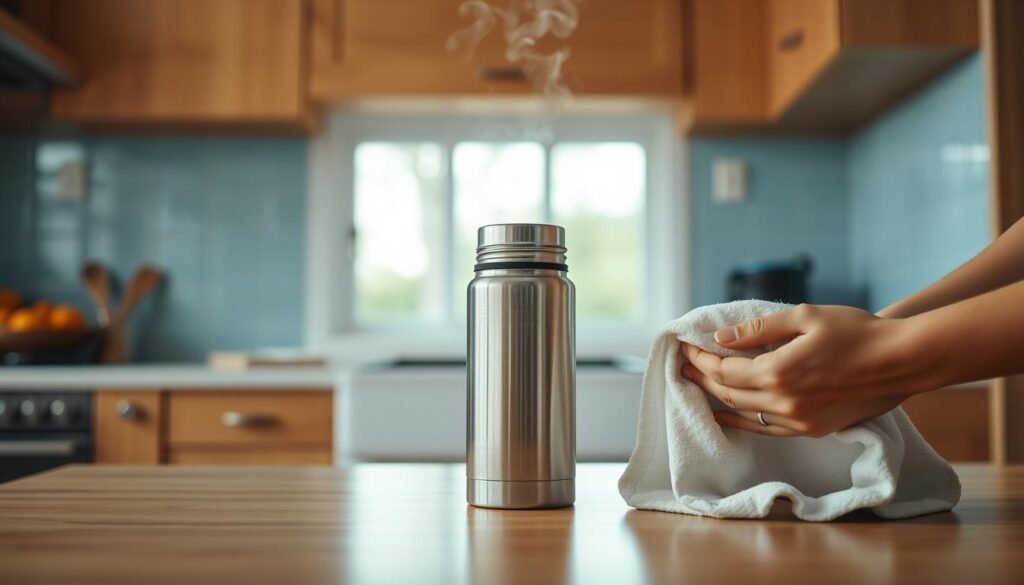 A cozy kitchen with warm wooden textures and light blue accents. In the center, a thermos sits on the counter, steam gently rising from the top. Its smooth, metallic surface reflects the soft lighting, hinting at the warmth within. Nearby, a pair of hands carefully wrap a towel around the thermos, demonstrating a technique for pre-heating to maximize insulation and keep contents piping hot. The scene exudes a sense of preparation and efficiency, setting the stage for a nourishing, home-cooked meal.