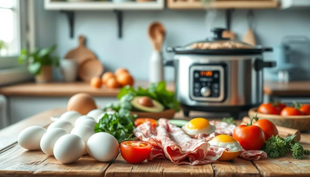 A cozy kitchen with warm wooden textures and light blue accents. In the foreground, an assortment of slow cooker breakfast ingredients: fresh eggs, crisp bacon, ripe avocado, juicy tomatoes, and fragrant herbs arranged neatly on a rustic wooden table. In the middle ground, a modern slow cooker with a tempting oatmeal or porridge mixture simmering gently, steam rising. The background features minimal decor, allowing the ingredients to take center stage. Soft, natural lighting illuminates the scene, creating a calm, inviting atmosphere. No hands or human elements are present, allowing the viewer to focus on the essential tools and components for a delicious low-sugar breakfast prepared in a slow cooker.