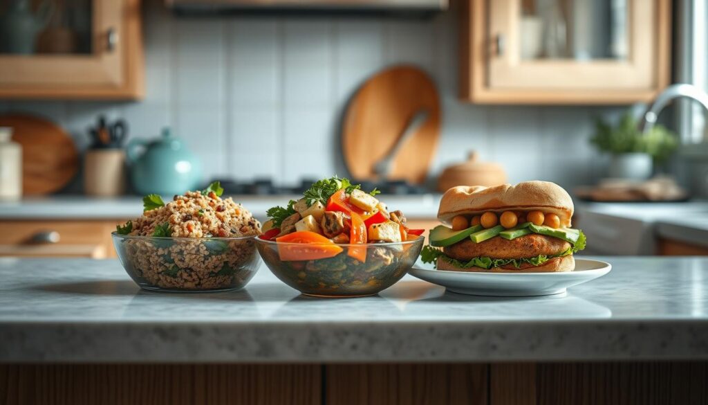 A cozy kitchen with warm wooden textures and light blue accents. On the counter, an artfully arranged selection of complete protein vegetarian lunch ideas - a hearty quinoa and bean salad, a vibrant tofu and vegetable stir-fry, and a creamy avocado and chickpea sandwich. The scene is bathed in soft, natural lighting, highlighting the fresh, wholesome ingredients. The composition showcases the nutritional benefits and visual appeal of these balanced, meat-free meals, inviting the viewer to explore the benefits of complete proteins in a vegetarian diet.