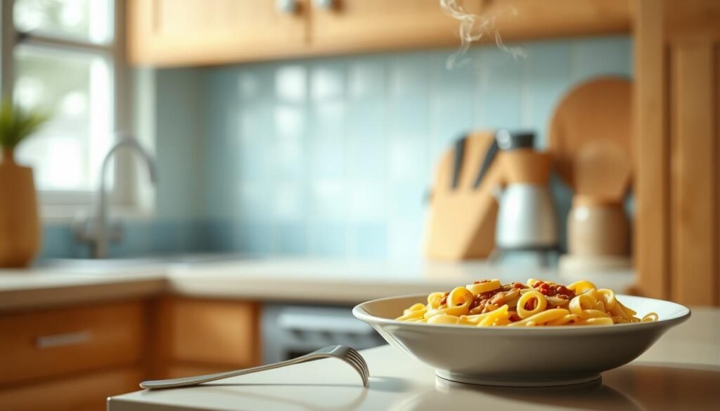 A cozy kitchen with warm wooden tones and light blue accents sets the scene. On the countertop, a bowl of freshly reheated pasta with steam gently rising, its sauce glistening. Nearby, a fork rests, ready to savor the revived flavors. The soft, diffused lighting casts a comforting glow, inviting you to enjoy this simple pleasure of reviving leftover pasta to perfection.