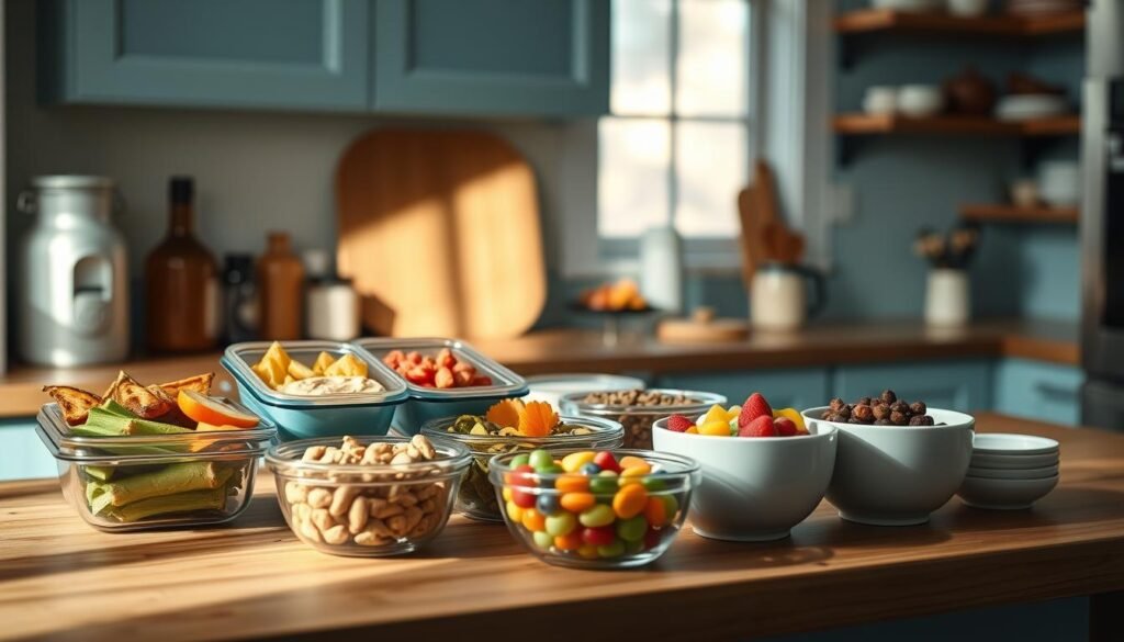 A cozy kitchen with wooden countertops and light blue accents. On the counter, a variety of meal prep containers and bowls filled with colorful snacks - roasted vegetables, hummus, trail mix, and fresh fruit. Soft, indirect lighting illuminates the scene, creating a warm and inviting atmosphere. The composition focuses on the meal prep items, showcasing the thoughtful planning and preparation of quick, healthy bites. The overall mood is one of mindfulness and efficiency, reflecting the 