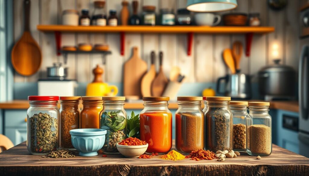 A cozy kitchen with wooden textures and light blue accents features an artfully arranged display of international spice blends. Vibrant jars filled with exotic spices, herbs, and fragrant seasonings from around the world sit atop a rustic wooden table. Warm ambient lighting casts a soft glow, highlighting the diverse colors and textures of the spices. In the background, shelves neatly display various cooking utensils and appliances, completing the scene of a well-equipped home kitchen ready to explore global flavors.