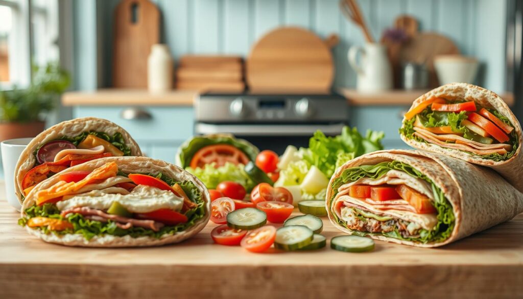 A cozy kitchen with wooden textures and light blue accents serves as the backdrop for an artful display of creative wraps and sandwiches. In the foreground, vibrant fillings like roasted vegetables, sliced deli meats, and creamy spreads are layered between freshly toasted breads and tortillas, creating visually appealing and texturally diverse bites. The middle ground features neatly arranged components, including crisp lettuces, juicy tomatoes, and crunchy pickles, inviting the viewer to assemble their own customized lunch. The overall mood is one of mindful preparation, where simplicity and attention to detail come together to inspire delicious and nutritious midday meals.
