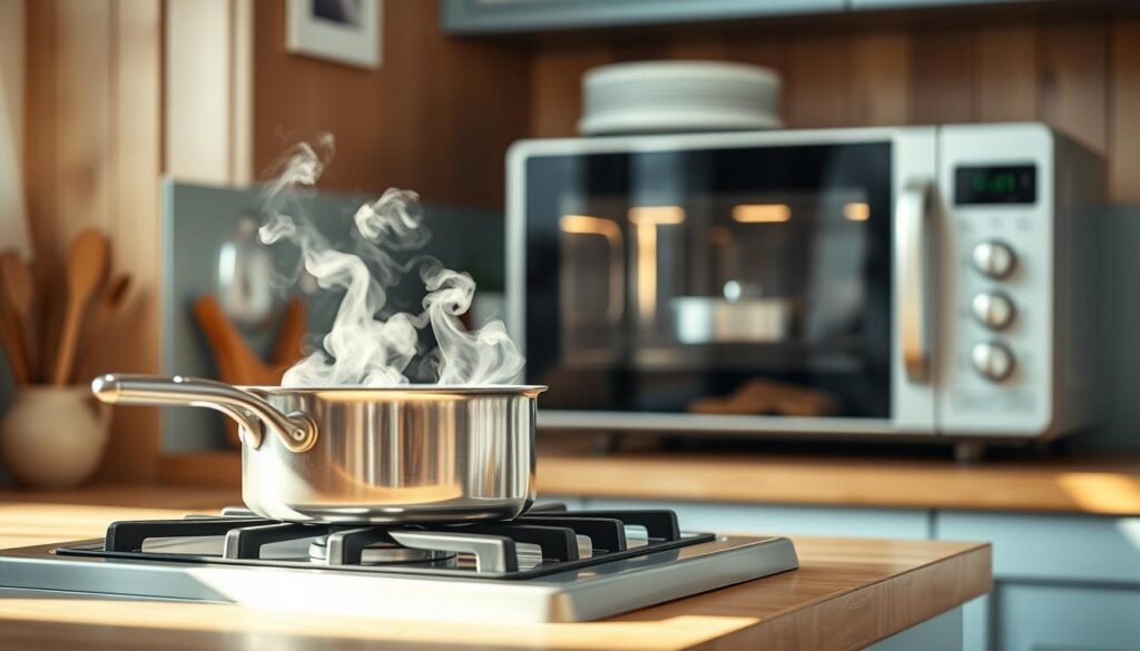 A cozy kitchen with wooden textures and light blue accents serves as the backdrop for two distinct reheating methods. In the foreground, a stainless steel saucepan sits atop a gas stovetop, steam gently rising as food is carefully reheated. In the middle ground, a modern microwave oven stands ready, its turntable slowly rotating, illuminating the interior with a soft glow. The lighting is warm and natural, casting subtle shadows and highlighting the textures of the kitchen surfaces. The scene conveys a sense of efficiency and care, with the two reheating techniques standing as practical yet elevated options for reviving a fresh-tasting meal.