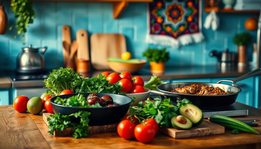 A cozy kitchen with wooden textures and light blue accents sets the stage for a Latin American meal prep. On the counter, an array of vibrant ingredients await: fresh cilantro, ripe avocados, juicy tomatoes, and a sizzling pan of seasoned meat. The warm lighting casts a soft glow, evoking the inviting atmosphere of a family gathering. In the background, a vibrant tapestry or wall hanging adds a touch of cultural flair, complementing the rustic, yet sophisticated feel of the scene. The mise en place is meticulously arranged, hinting at the flavorful dishes to come - a Latin American fiesta in the making, ready to be savored.