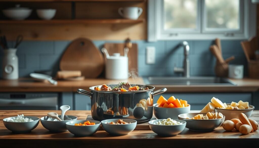 A cozy kitchen with wooden textures and light blue accents sets the stage for the preparation of a hearty stew. On the countertop, a large pot simmers, releasing the rich aroma of slowly simmered meats, vegetables, and herbs. Chopped onions, carrots, and potatoes wait patiently in bowls, ready to be added to the mix. The warm, soft lighting casts a gentle glow, creating an inviting atmosphere perfect for a make-ahead family dinner. The scene evokes a sense of comfort and anticipation, as the stew slowly develops its deep, complex flavors, promising a satisfying and nourishing meal to come.